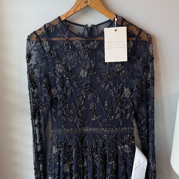 MAC DUGGAL Navy Beaded Illusion High Neck Long Sleeve A Line Dress NEW! S #10799 - Picture 5 of 13